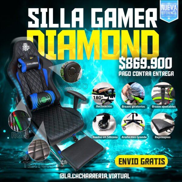 Silla Gamer Negra Azul JUNGLEFROG Diamond Pro