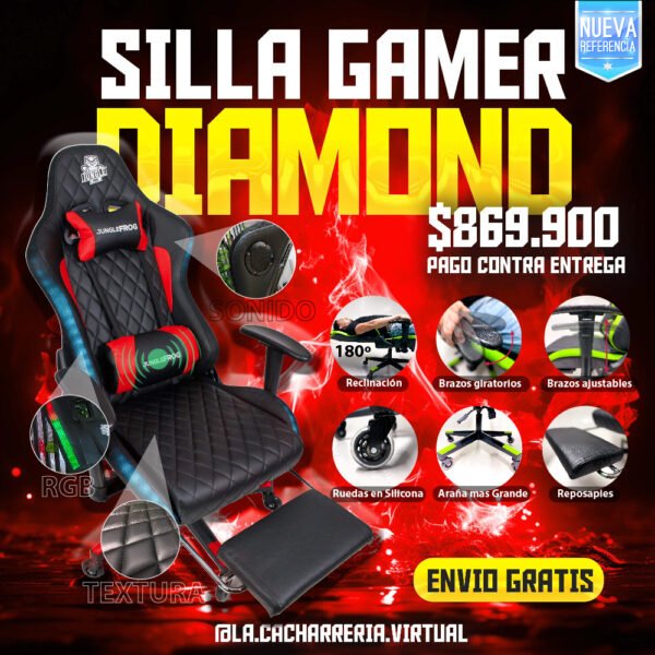 Silla Gamer Negra Roja JUNGLEFROG Diamond Pro 180°