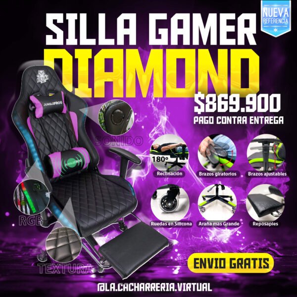Silla Gamer Negra Morado JUNGLEFROG Diamond Pro 180°