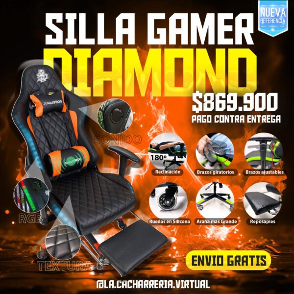 Silla Gamer Negra Naranja JUNGLEFROG Diamond Pro 180°