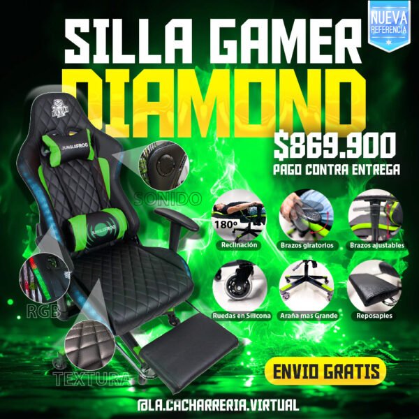 Silla Gamer Negra Verde JUNGLEFROG Diamond Pro 180°